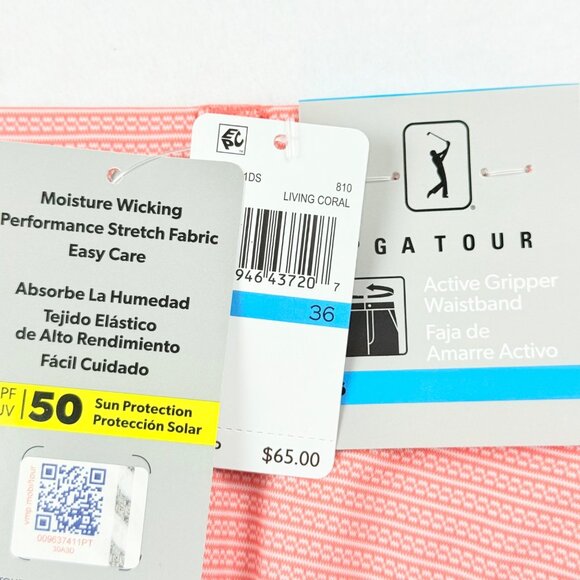 PGA Tour Men's Active Gripper Waistband UPF 50 Stretch Coral Shorts Size 36 NWT - Picture 5 of 11